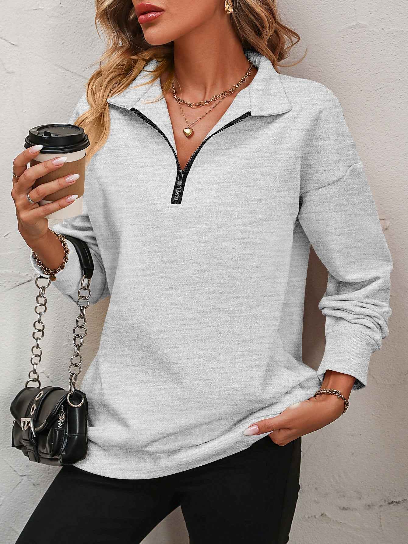 Zip-Up Dropped Shoulder Sweatshirt - aurelia-clothing-8955