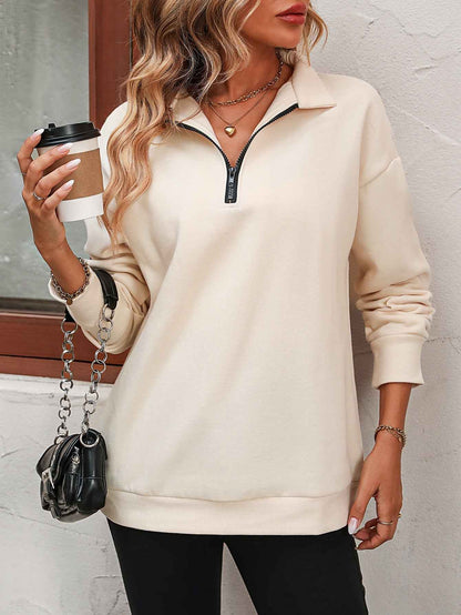 Zip-Up Dropped Shoulder Sweatshirt - aurelia-clothing-8955