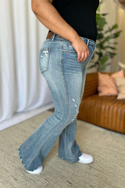 Judy Blue Full Size Medium Rise Tummy Control Destroy Flare - Free Shipping - Aurelia Clothing