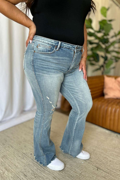 Judy Blue Full Size Medium Rise Tummy Control Destroy Flare - Free Shipping - Aurelia Clothing