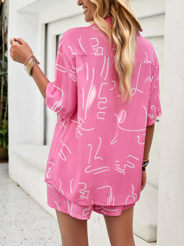 New women's casual fashion resort lapel short-sleeved shirt shorts suit - Free Shipping - Aurelia Clothing