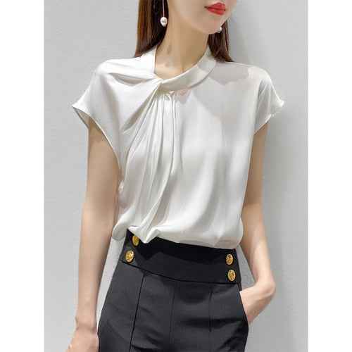 white short-sleeved heavy silk shirt women 2021 Amoi chic design niche  silk top  blusones de mujer  fashion  Silk - aurelia-clothing-8955