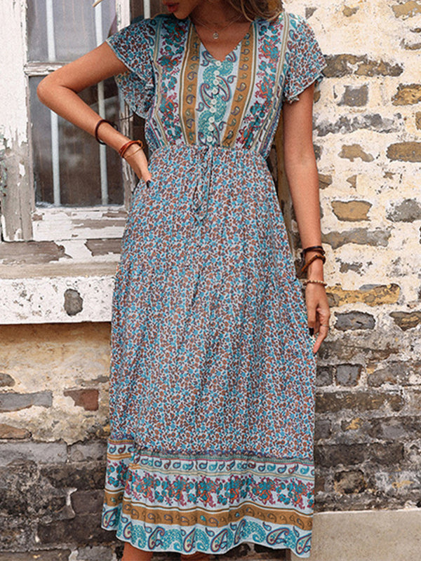 womens summer retro print green slimming dress - Free Shipping - aurelia-clothing-8955