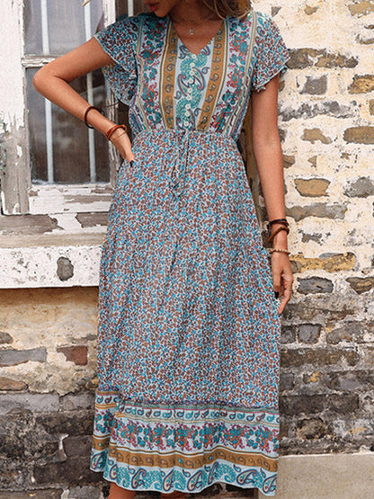 womens summer retro print green slimming dress - Free Shipping - aurelia-clothing-8955