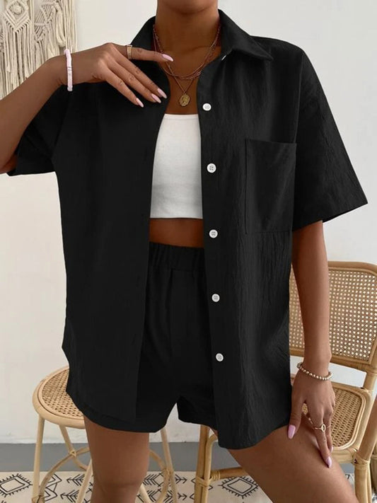 Button Up Short Sleeve Shirt and Shorts Set - aurelia-clothing-8955