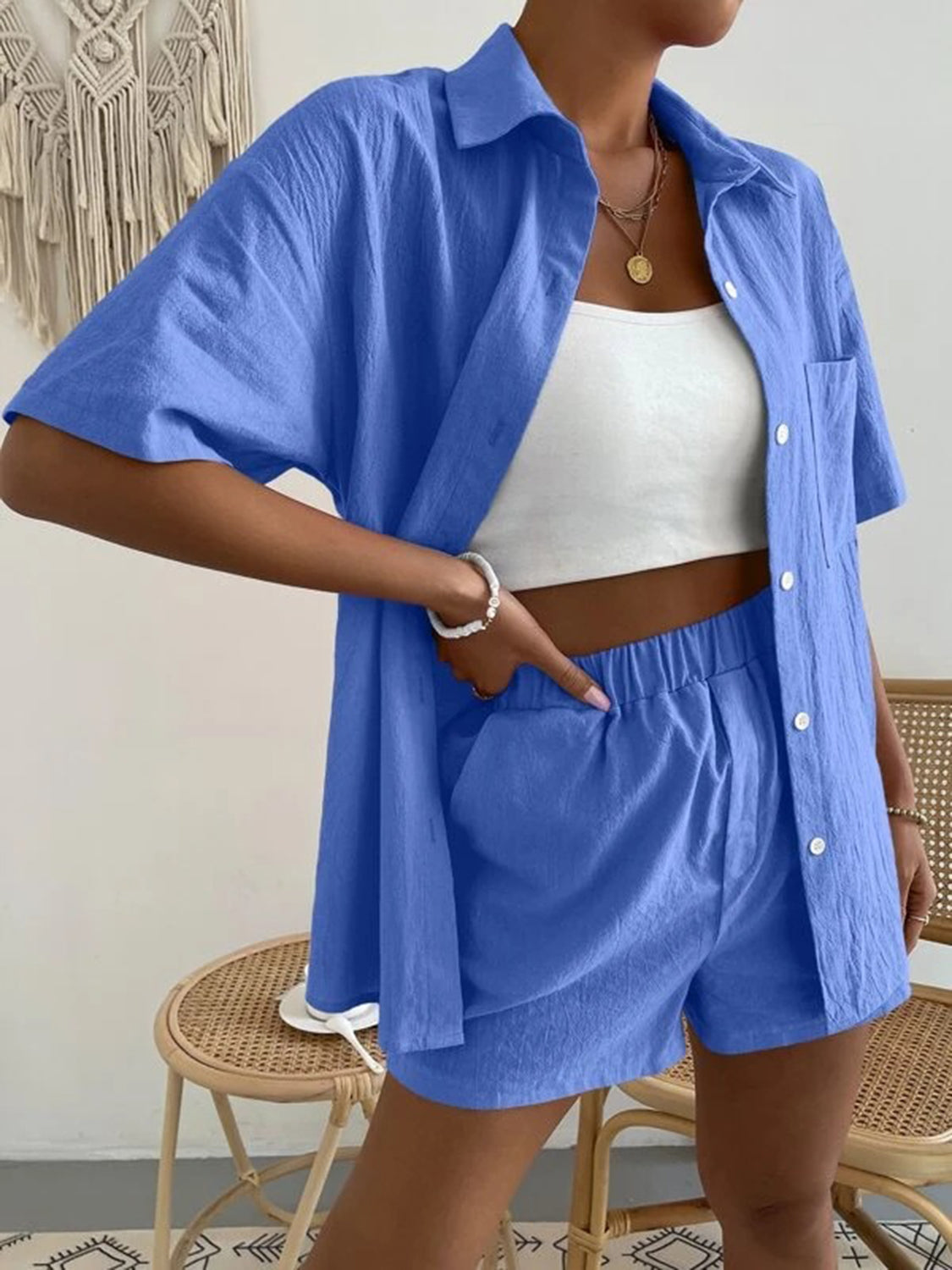 Button Up Short Sleeve Shirt and Shorts Set - aurelia-clothing-8955