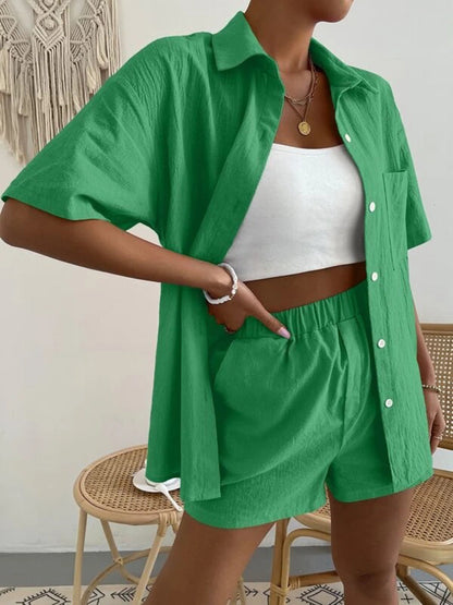 Button Up Short Sleeve Shirt and Shorts Set - aurelia-clothing-8955