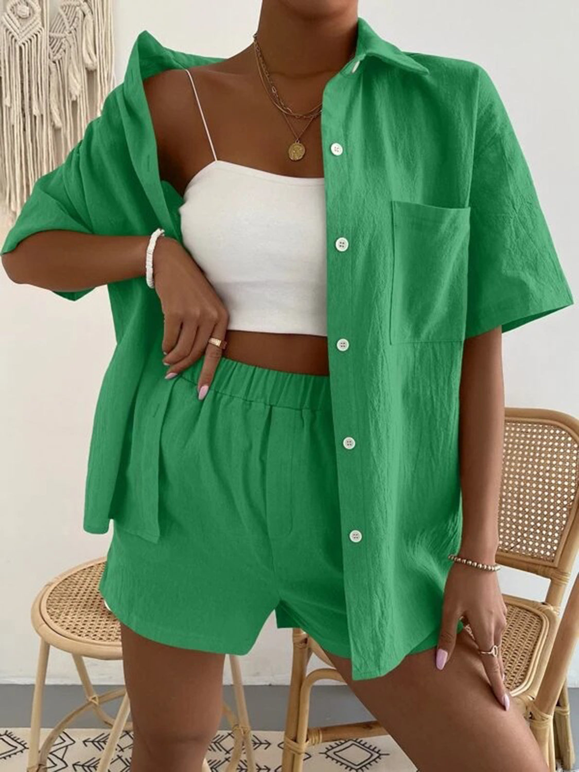 Button Up Short Sleeve Shirt and Shorts Set - aurelia-clothing-8955