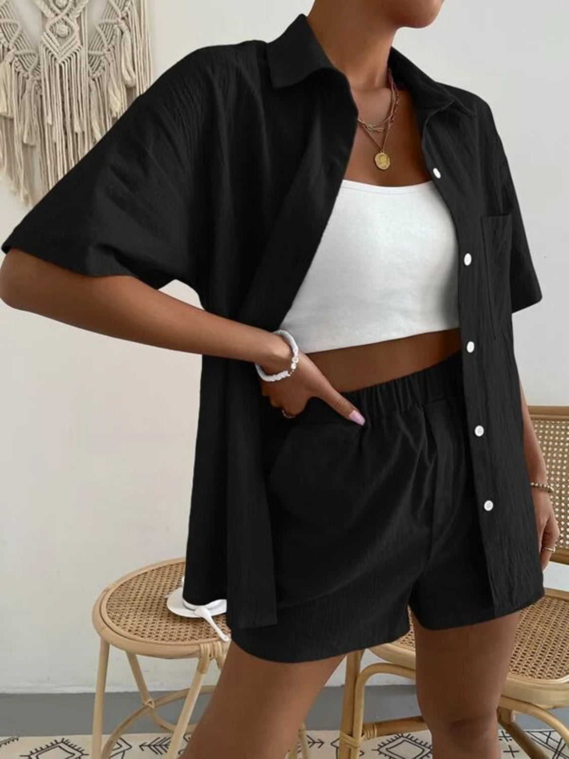 Button Up Short Sleeve Shirt and Shorts Set - aurelia-clothing-8955