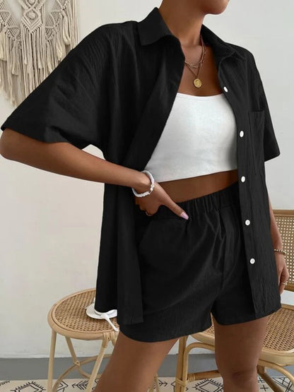 Button Up Short Sleeve Shirt and Shorts Set - aurelia-clothing-8955