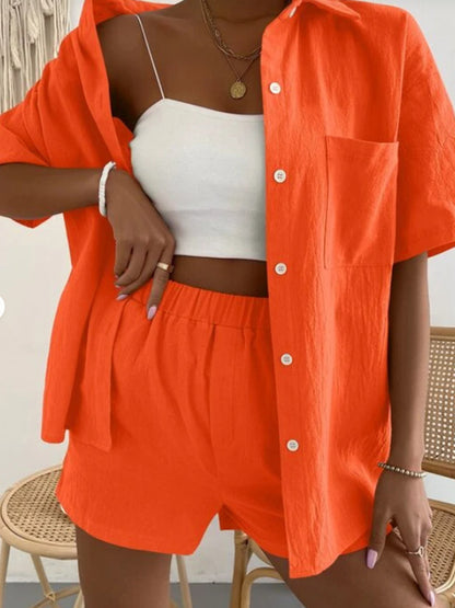 Button Up Short Sleeve Shirt and Shorts Set - aurelia-clothing-8955
