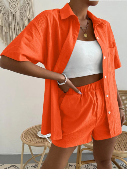 Button Up Short Sleeve Shirt and Shorts Set - aurelia-clothing-8955