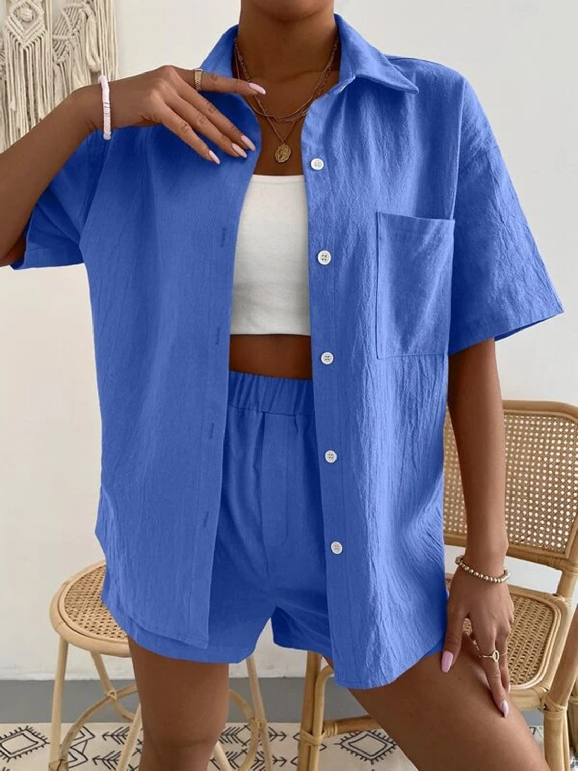 Button Up Short Sleeve Shirt and Shorts Set - aurelia-clothing-8955