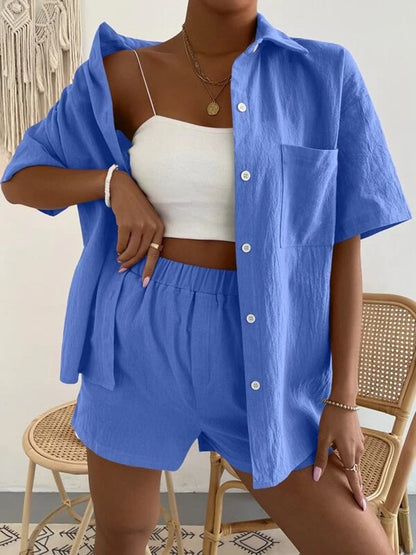 Button Up Short Sleeve Shirt and Shorts Set - aurelia-clothing-8955