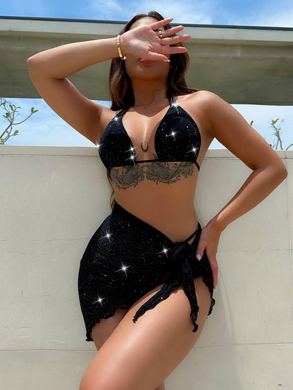 Glitter Halter Neck Backless Three-Piece Swim Set - aurelia-clothing-8955