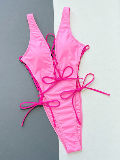 Lace-Up Deep V Sleeveless One-Piece Swimsuit - aurelia-clothing-8955