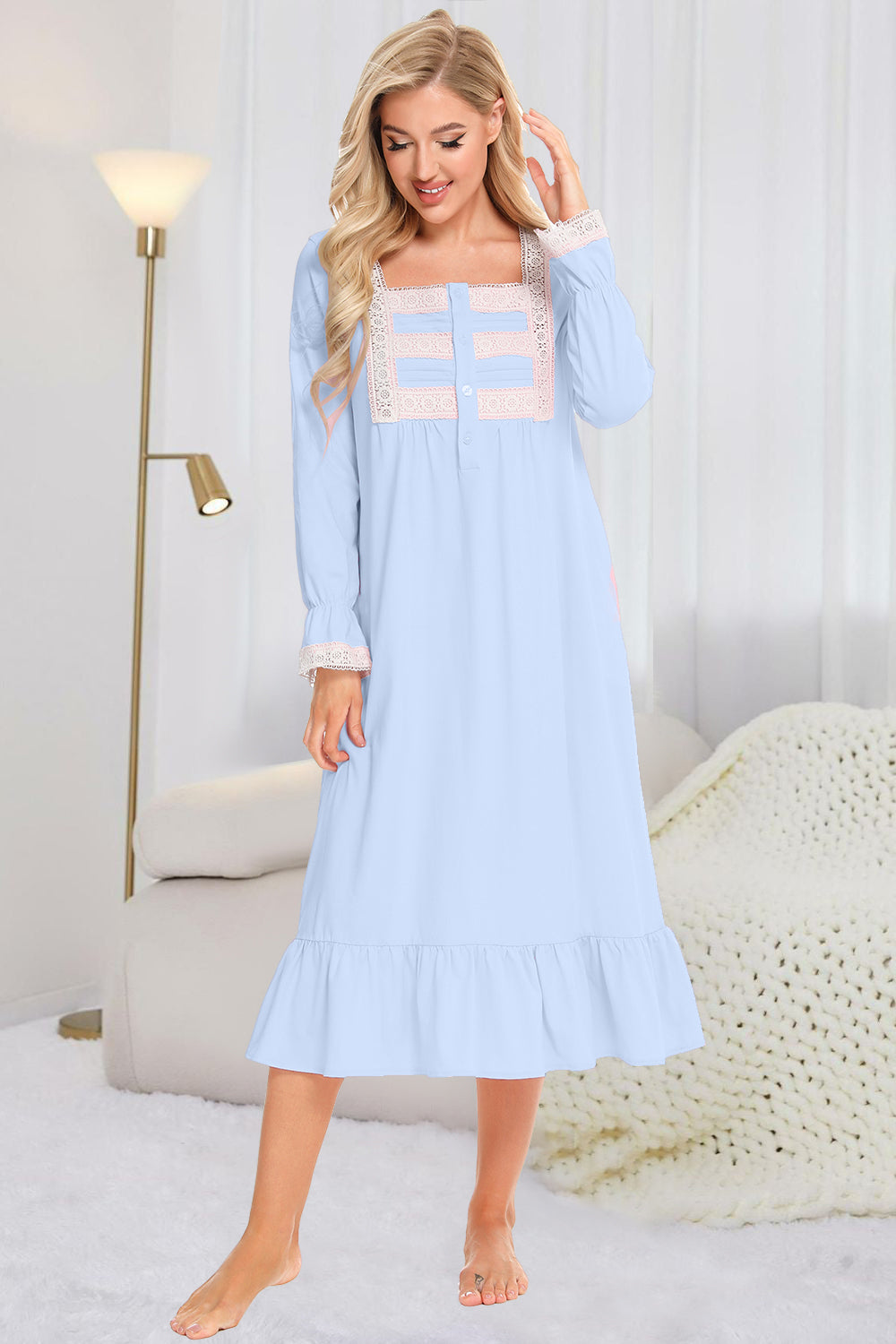 Lace Detail Square Neck Flounce Sleeve Night Dress - aurelia-clothing-8955