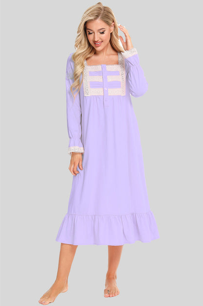 Lace Detail Square Neck Flounce Sleeve Night Dress - aurelia-clothing-8955