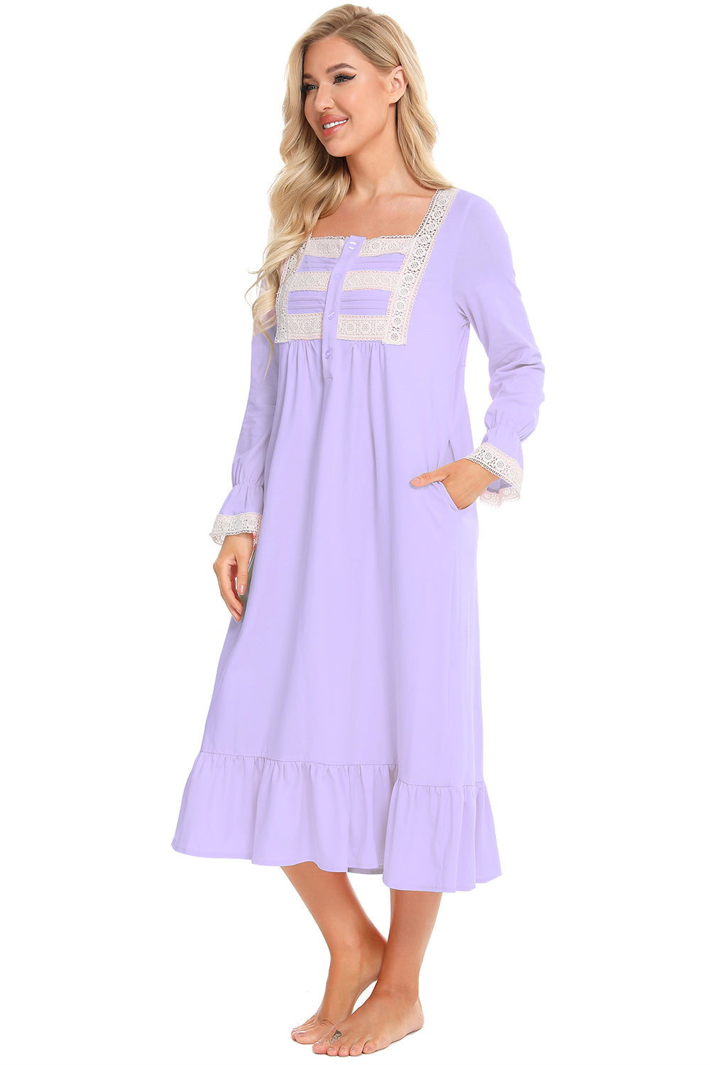 Lace Detail Square Neck Flounce Sleeve Night Dress - aurelia-clothing-8955