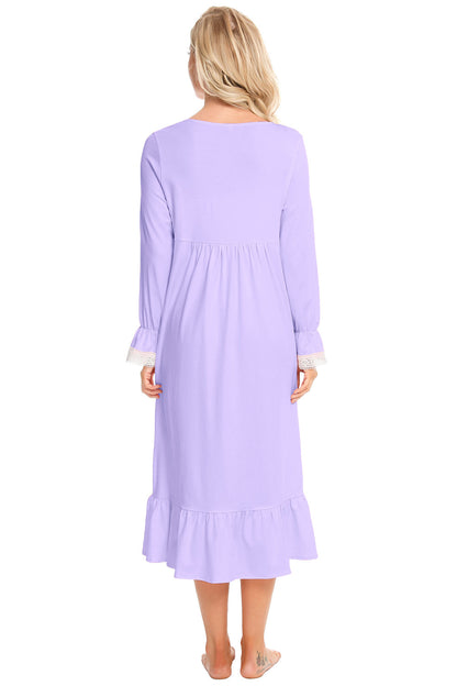 Lace Detail Square Neck Flounce Sleeve Night Dress - aurelia-clothing-8955