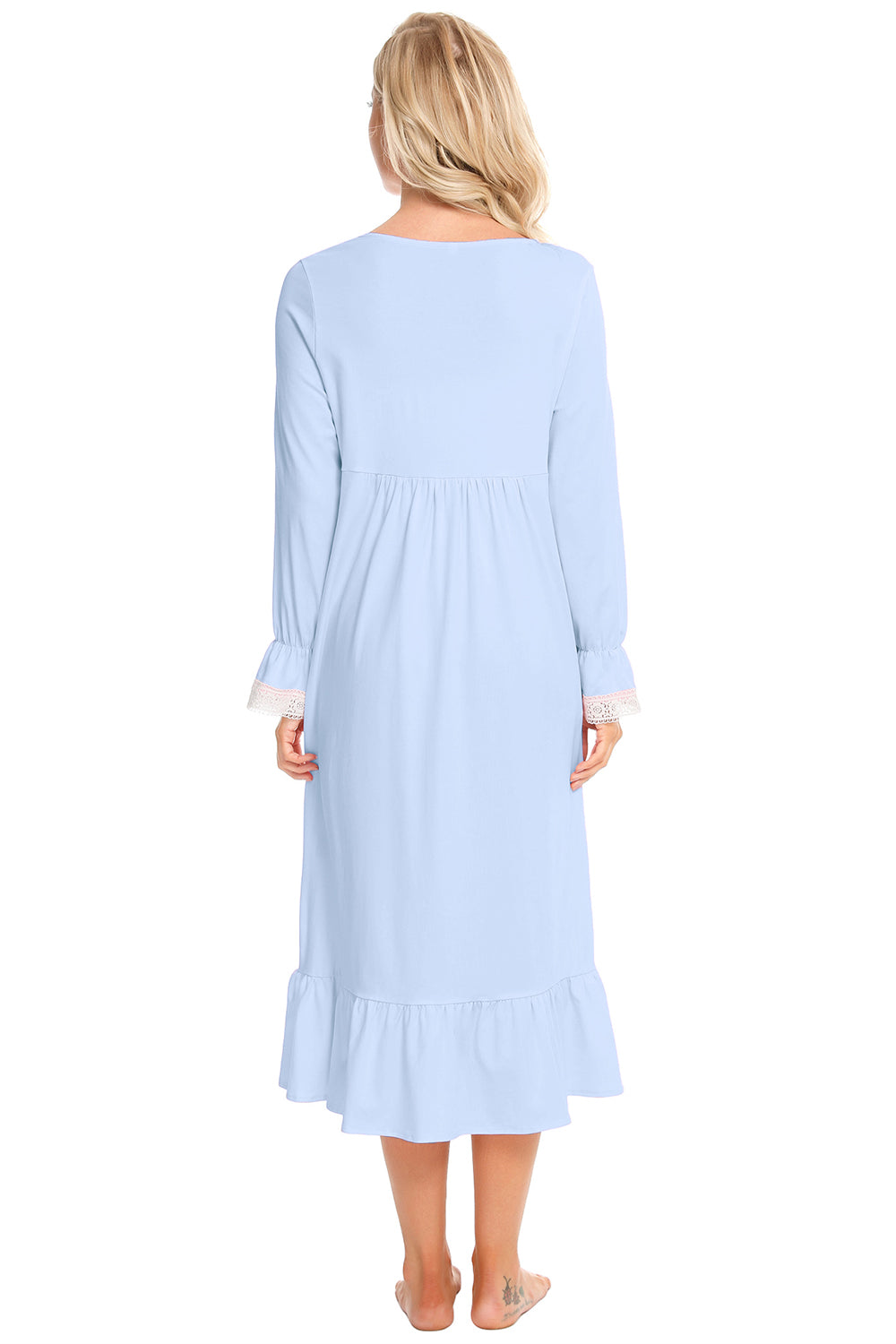Lace Detail Square Neck Flounce Sleeve Night Dress - aurelia-clothing-8955
