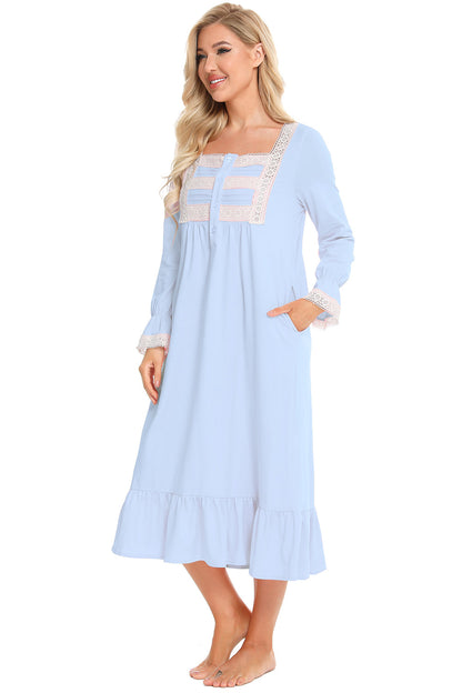 Lace Detail Square Neck Flounce Sleeve Night Dress - aurelia-clothing-8955