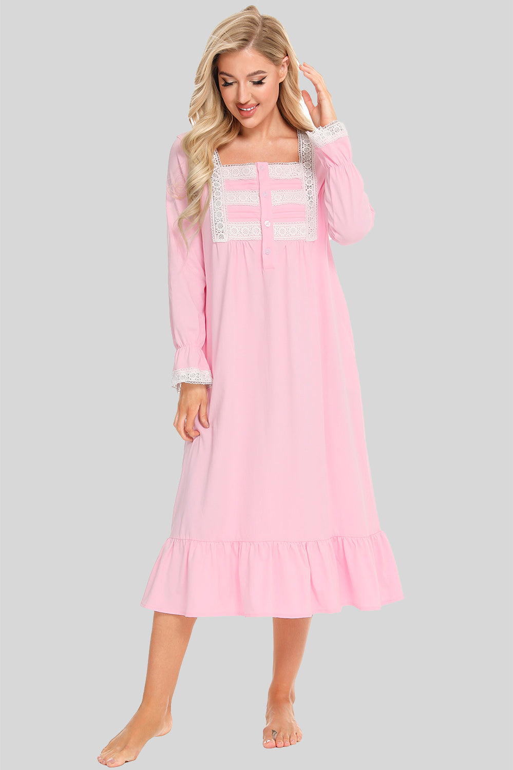 Lace Detail Square Neck Flounce Sleeve Night Dress - aurelia-clothing-8955