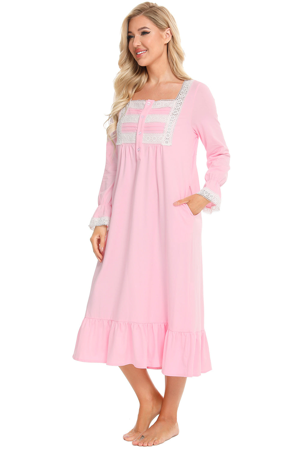 Lace Detail Square Neck Flounce Sleeve Night Dress - aurelia-clothing-8955