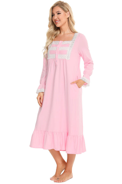 Lace Detail Square Neck Flounce Sleeve Night Dress - aurelia-clothing-8955