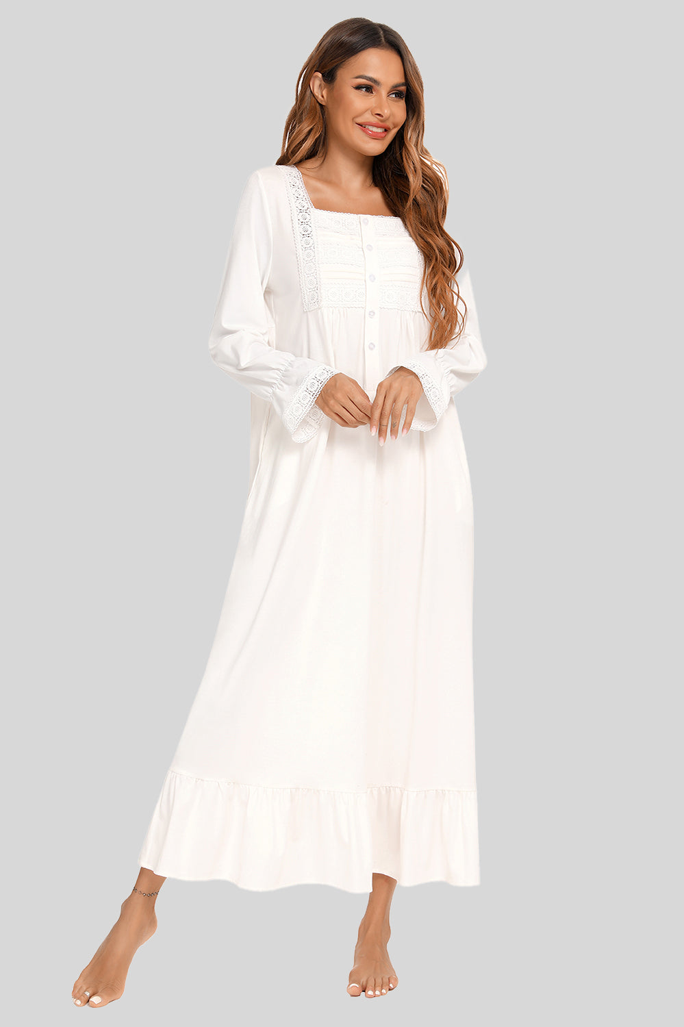 Lace Detail Square Neck Flounce Sleeve Night Dress - aurelia-clothing-8955