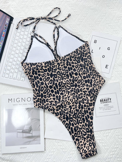 Leopard Cutout Halter Neck One-Piece Swimwear - aurelia-clothing-8955