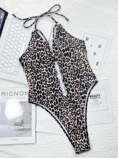 Leopard Cutout Halter Neck One-Piece Swimwear - aurelia-clothing-8955