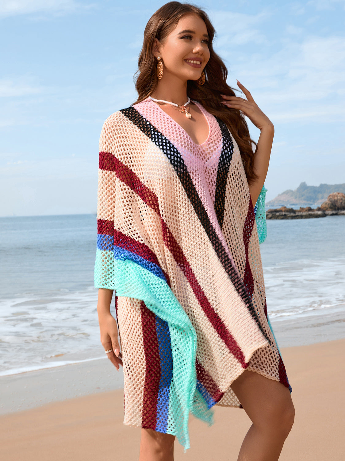 Openwork Color Block Plunge Cover-Up - aurelia-clothing-8955
