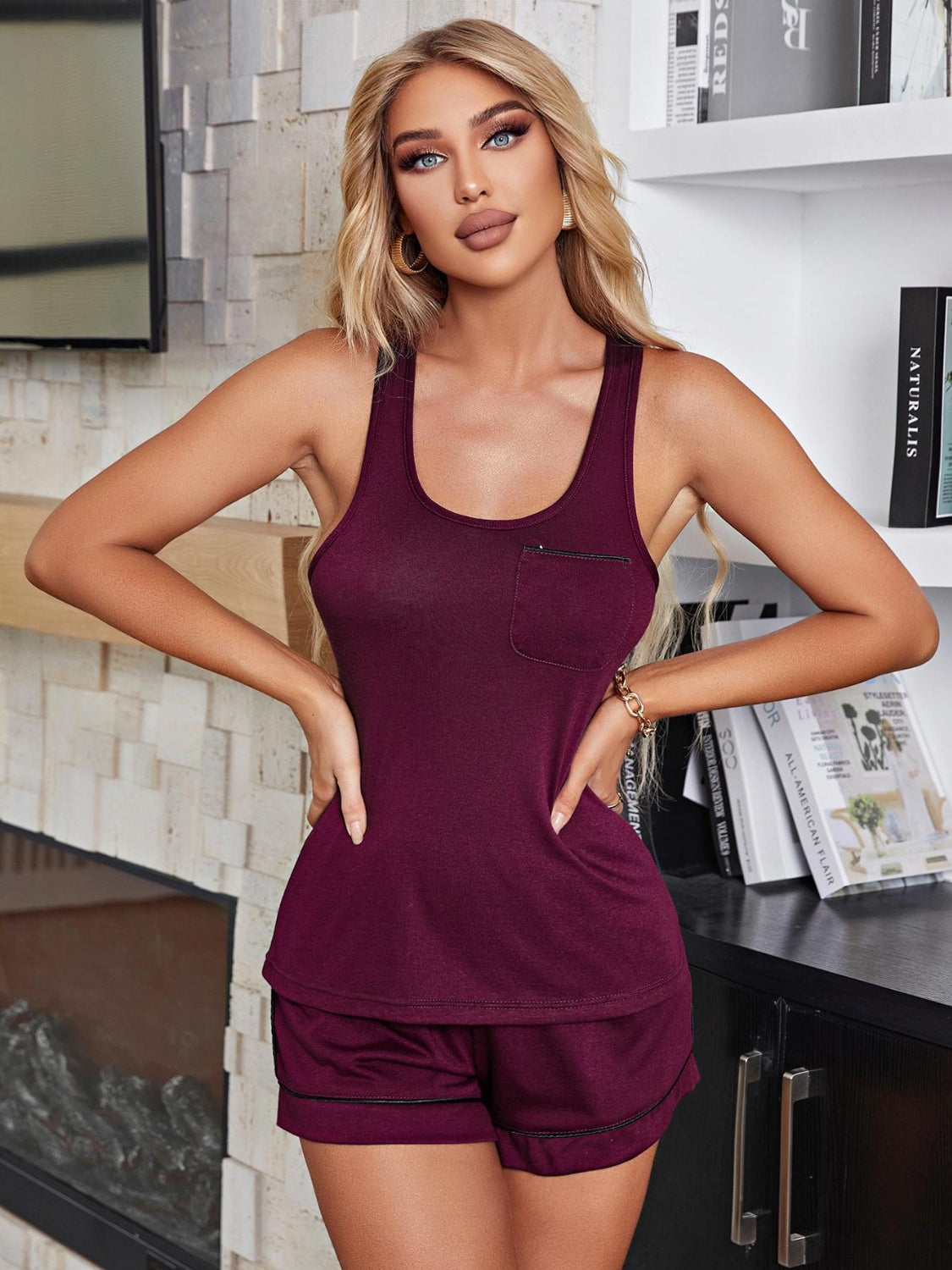 Scoop Neck Wide Strap Tank and Shorts Lounge Set - aurelia-clothing-8955