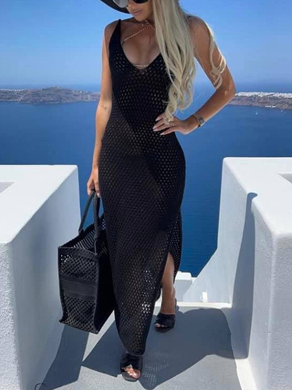 Slit Openwork V-Neck Sleeveless Cover Up - aurelia-clothing-8955