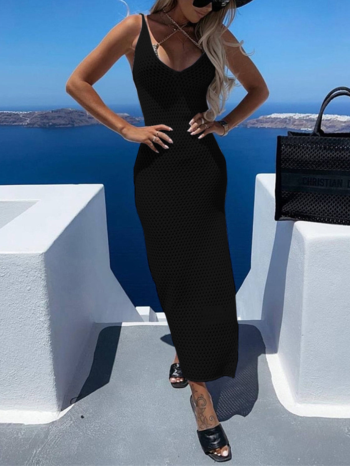 Slit Openwork V-Neck Sleeveless Cover Up - aurelia-clothing-8955