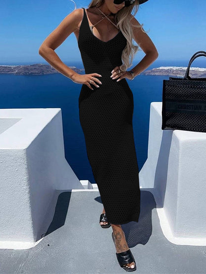 Slit Openwork V-Neck Sleeveless Cover Up - aurelia-clothing-8955