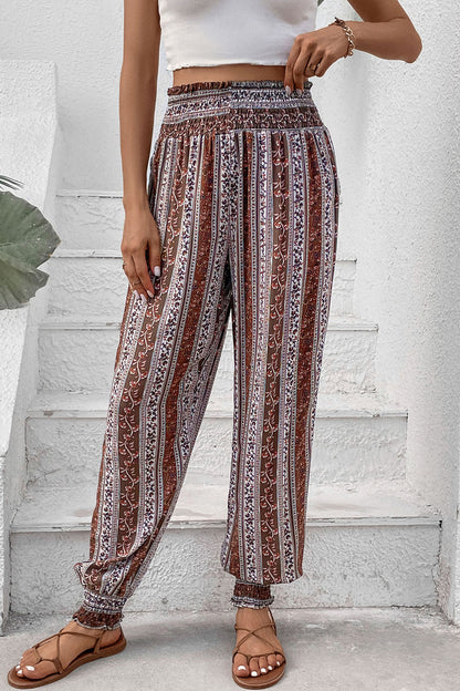 Smocked Printed High Waist Pants - aurelia-clothing-8955