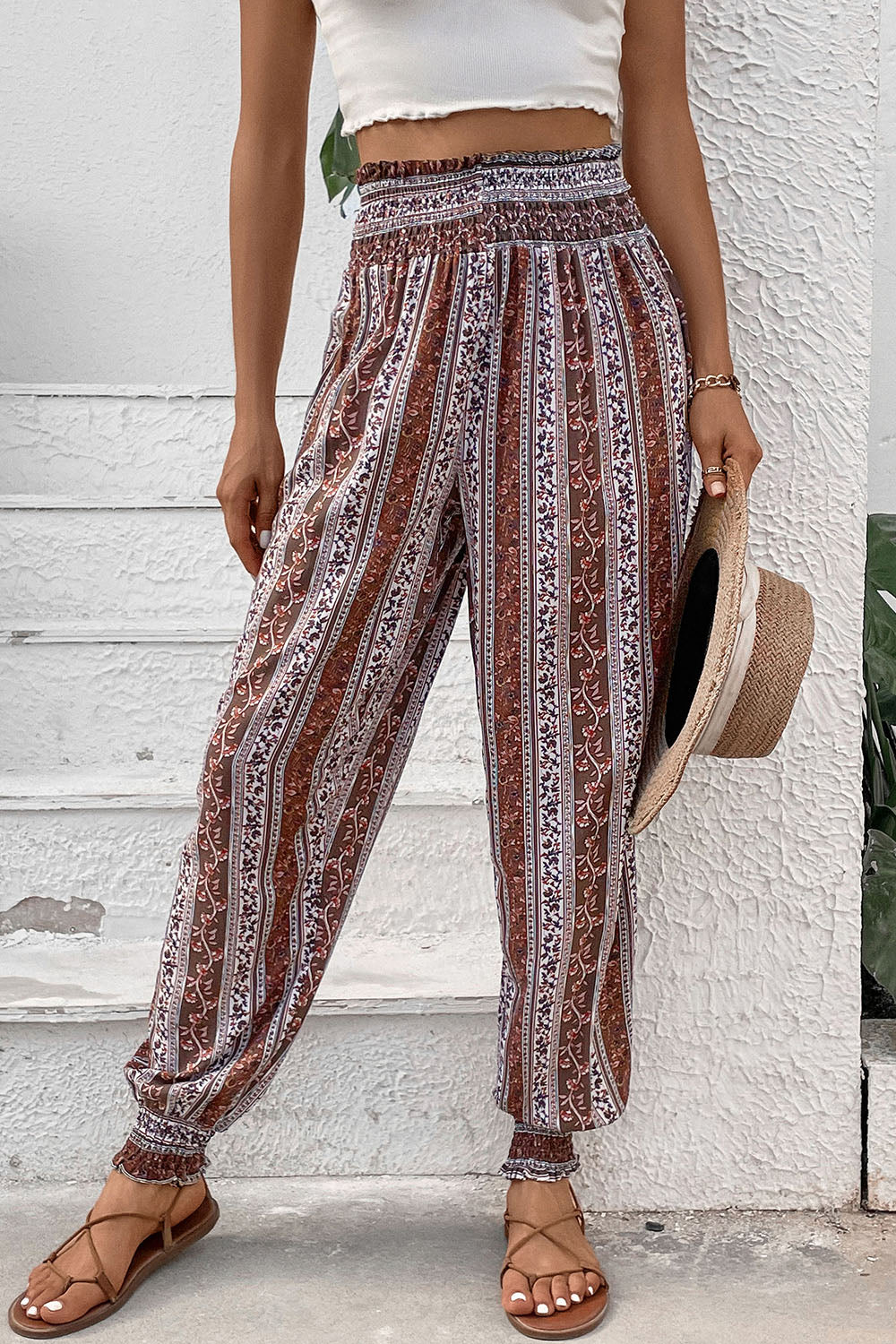 Smocked Printed High Waist Pants - aurelia-clothing-8955