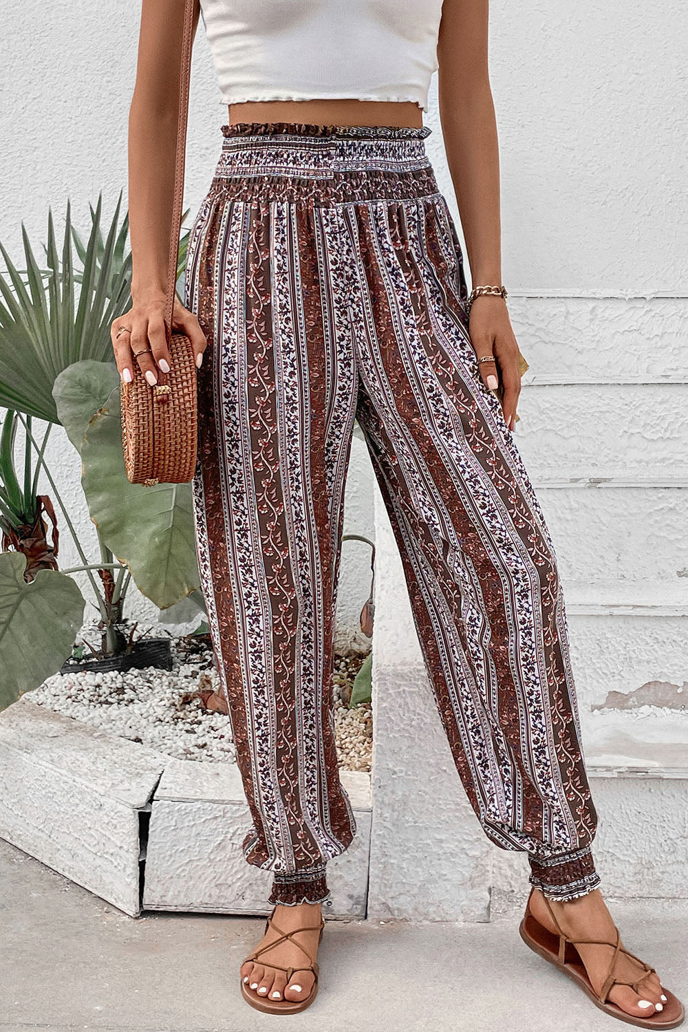 Smocked Printed High Waist Pants - aurelia-clothing-8955