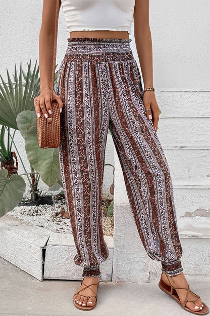Smocked Printed High Waist Pants - aurelia-clothing-8955