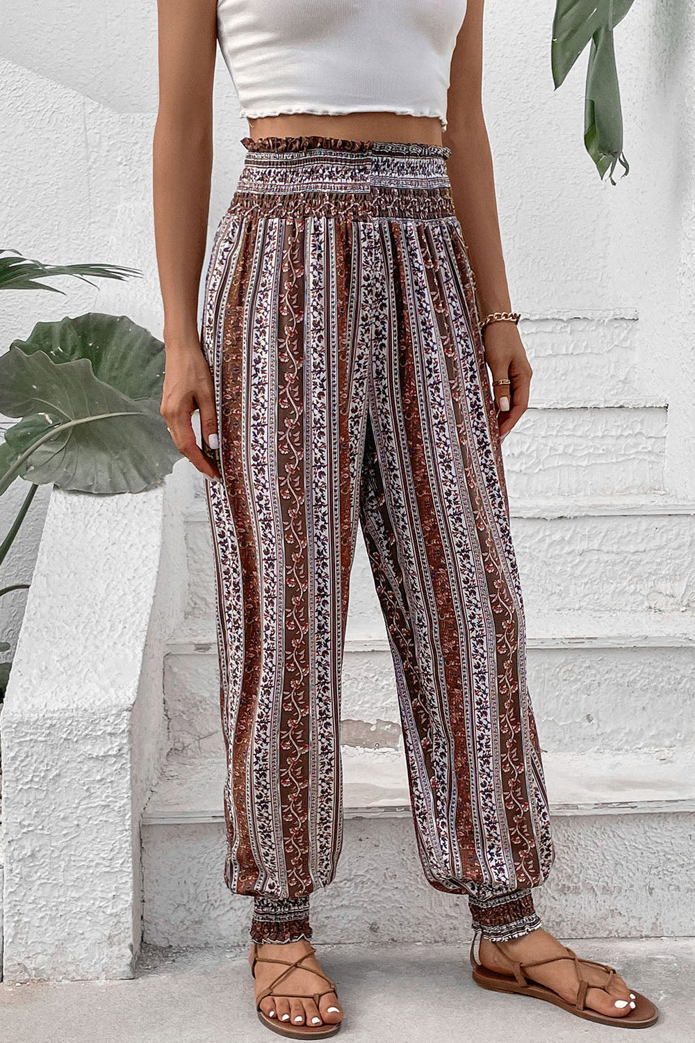 Smocked Printed High Waist Pants - aurelia-clothing-8955