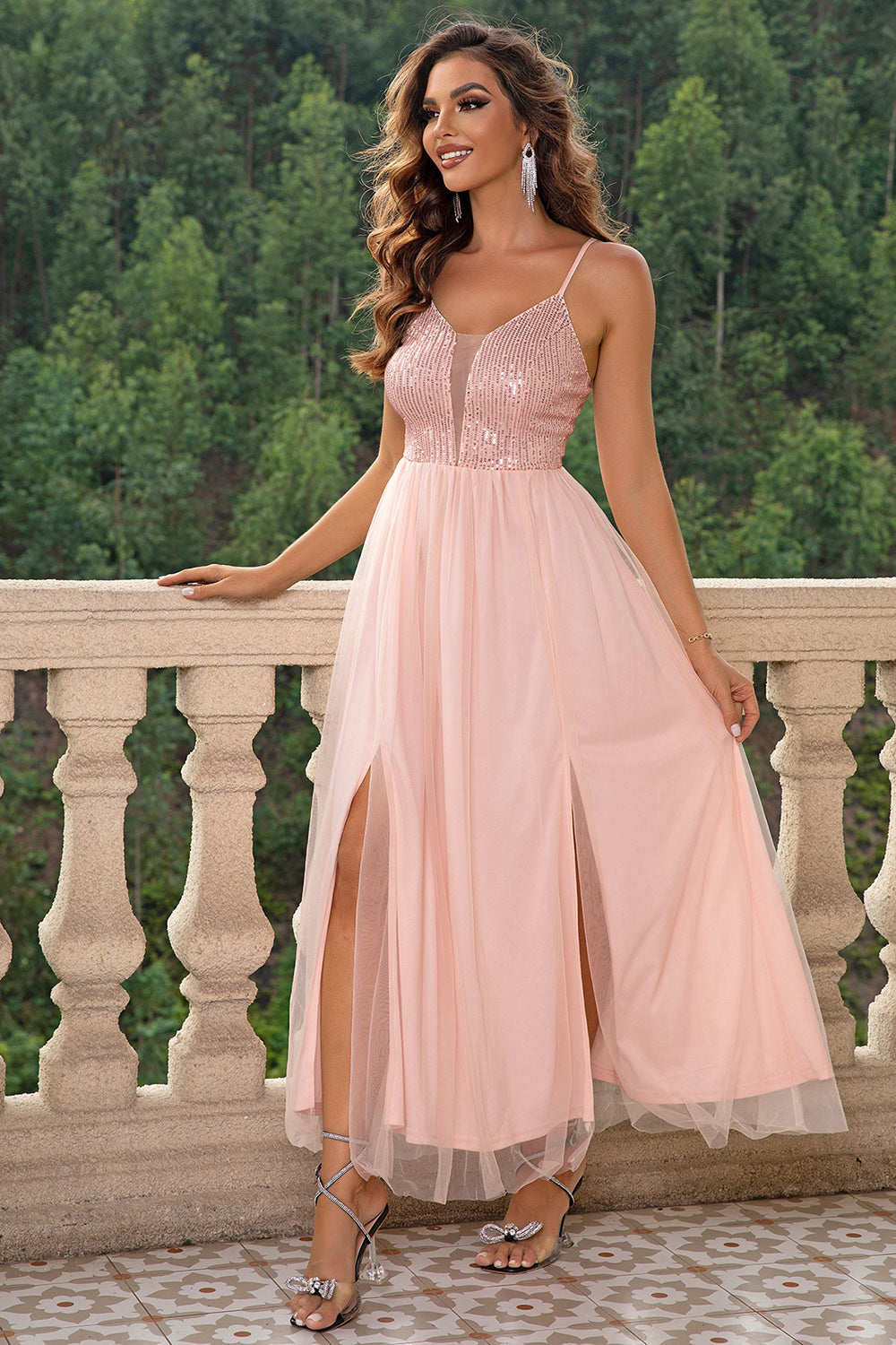 Spaghetti Strap Slit Mesh Dress - aurelia-clothing-8955